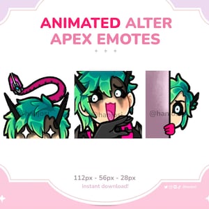 May include: Three animated emotes featuring a green-haired character with different expressions. The emotes are 112 pixels wide, 56 pixels tall, and 28 pixels in size. The text "ANIMATED ALTER APEX EMOTES" is at the top of the image.