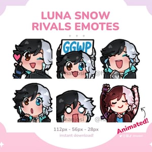 Peut inclure: Six émojis animés représentant un personnage aux cheveux noirs et blancs. Les émojis mesurent 112 pixels par 56 pixels et sont disponibles en téléchargement instantané. Les émojis incluent un personnage avec un cœur, un personnage tenant une pancarte qui dit "GGWP", un personnage qui pleure, un personnage avec une expression surprise, un personnage avec une expression choquée et un personnage avec les bras levés en l'air.
