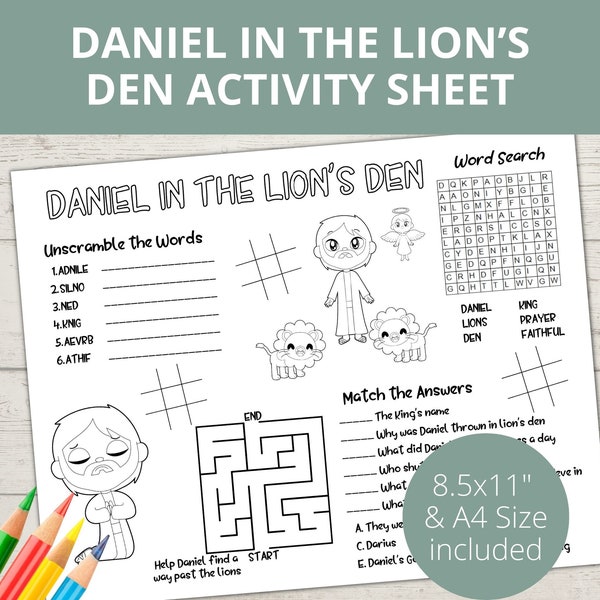 Daniel and the Lions Den, Bible Placemat, Church Kids Activity, Bible activity, Sunday School Activities,  Word Search, Unscramble Words