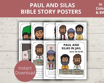 May include: A set of printable Bible story posters featuring the story of Paul and Silas in jail. The posters are in black and white and include illustrations of Paul and Silas praying in jail. The text on the posters reads "Paul and Silas in Jail" and "Acts 16:16-40".