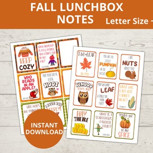 May include: Printable autumn-themed lunchbox notes with cute illustrations and puns. The notes feature phrases like "Keep Cozy", "Who Reads in an Apple?", "I be-Leaf in You", "You are the Cutest Pumpkin in the Patch!" and more.