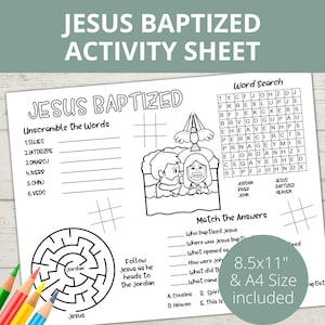 Jesus Baptism Craft, Bible activity, John the Baptist, Church Kids Activity, Sunday School Activities, Bible Placemat, Word Search