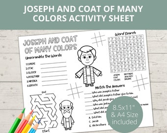 Joseph Coat Many Colors, Bible activity, Joseph and Coat of Many Colors, Church Kids Activity, Sunday School Activities, Bible Placemat,