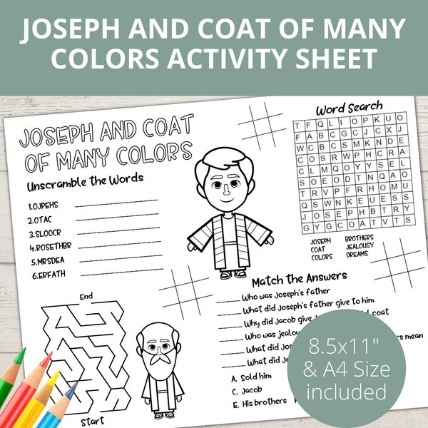 Joseph Coat Many Colors, Bible activity, Joseph and Coat of Many Colors, Church Kids Activity, Sunday School Activities, Bible Placemat,