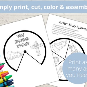 May include: Black and white printable Easter story spinner with images of the empty tomb, Jesus on the cross, and Jesus appearing to his disciples. The spinner is designed to be cut out, colored, and assembled. The text "The Easter Story" is at the top of the spinner.