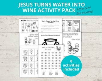 Jesus Turns Water into Wine Bible Story Activities, Sunday school Craft, Activity Pack, Jesus Miracle, ISpy, Word Search, Bookmarks, A4 Size