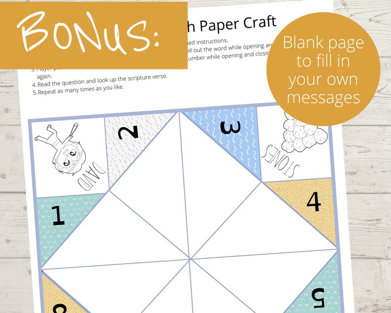 May include: A printable paper craft activity with a lion, stones, and numbers 1 through 5. The paper craft is designed to be folded into a fortune teller.