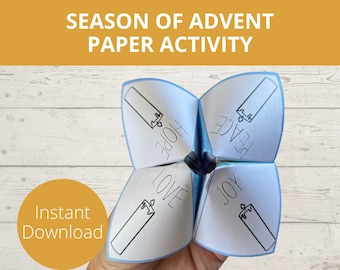 May include: A paper fortune teller with the words "Hope", "Peace", "Joy", and "Love" written on the flaps. Each flap has a drawing of a candle. The text "Season of Advent Paper Activity" is at the top, and "Instant Download" is in a circle at the bottom.