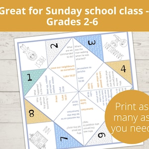 May include: A printable origami fortune teller game for Sunday school class, grades 2-6. The game features a blue and yellow color scheme with illustrations of a priest, a Levite, and a Samaritan. The game includes questions about the parable of the Good Samaritan.