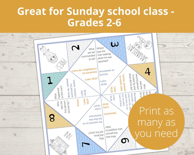 May include: A printable origami fortune teller game for Sunday school class, grades 2-6. The game features a blue and yellow color scheme with illustrations of a priest, a Levite, and a Samaritan. The game includes questions about the parable of the Good Samaritan.