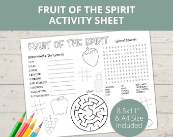 Fruit of the Spirit Activity Page, Coloring Page, Bible activity, Galatians 5, Church Kid Activity, Sunday School Activities, Bible Placemat