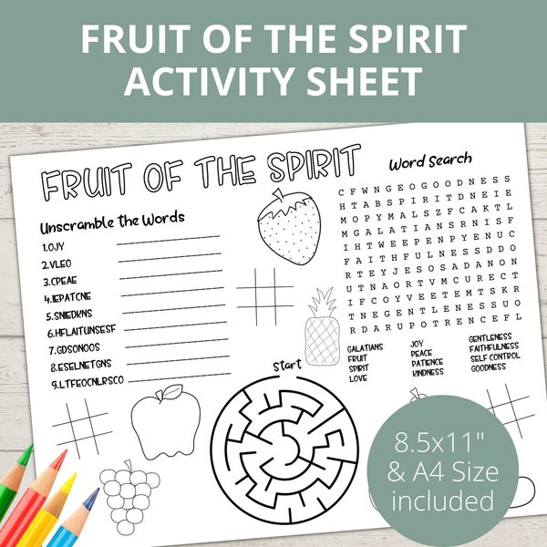 Fruit of the Spirit Activity Page, Coloring Page, Bible activity, Galatians 5, Church Kid Activity, Sunday School Activities, Bible Placemat