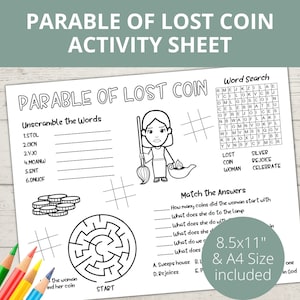 Parable of the Lost Coin, Parable of Jesus, Bible activity, Church Kids Activity, Sunday School Activities, Bible Placemat, Activity Pages