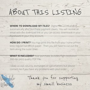 May include: A digital download listing for printable crafts. The text reads "About This Listing", "Where to Download My Files?", "How Do I Print?", "What is Included?", and "Thank you for supporting my small business".