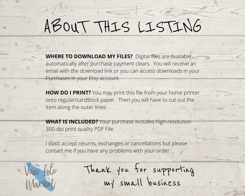 May include: A digital download listing for printable crafts. The text reads "About This Listing", "Where to Download My Files?", "How Do I Print?", "What is Included?", and "Thank you for supporting my small business".