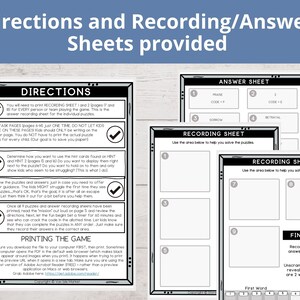 May include: Black and white printable escape room game instructions and answer sheets. The instructions include directions for printing, playing, and recording answers. The answer sheets include a final code section for players to unscramble the letters to reveal the clue.