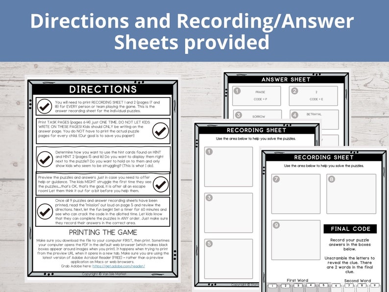 May include: Black and white printable escape room game instructions and answer sheets. The instructions include directions for printing, playing, and recording answers. The answer sheets include a final code section for players to unscramble the letters to reveal the clue.