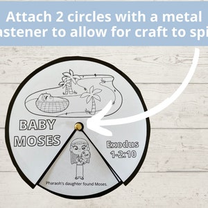 May include: Black and white printable craft for kids featuring a spinning wheel with a picture of baby Moses in a basket and the text "Baby Moses" and "Exodus 1-2:10".
