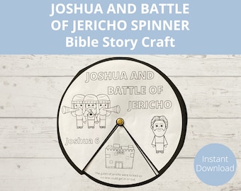 May include: Black and white printable spinner craft for kids featuring the story of Joshua and the Battle of Jericho. The spinner includes illustrations of Joshua, the walls of Jericho, and the Israelites marching around the city. The text "Joshua 6" and "The gates of Jericho were locked so no one could get in or out." is included on the spinner.