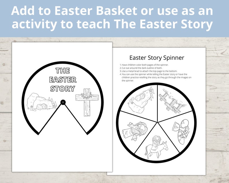 May include: Black and white printable Easter story spinner with instructions. The spinner has six sections with images of the Easter story. The images include a tomb, a cross, Jesus, a donkey, and a basket of eggs.