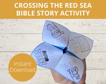 May include: A blue and white paper game with the words "Moses", "Red Sea", "Pharaoh", and "Israelites" on it. The game is folded into a cube shape and is being held in a hand. The text "Crossing the Red Sea Bible Story Activity" is at the top of the image.
