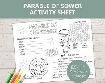 May include: Black and white printable activity sheet for kids featuring a parable of the sower theme. The sheet includes a word search, unscramble the words, a maze, and a matching activity. The sheet is 8.5 inches by 11 inches and also available in A4 size.