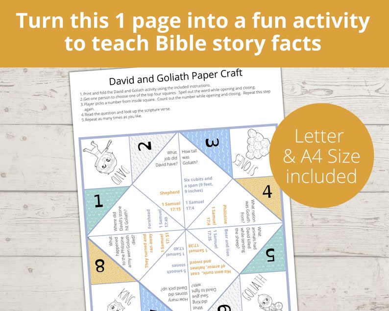 May include: A printable paper craft activity for teaching about the Bible story of David and Goliath. The craft is a six-sided cube with illustrations of David, Goliath, and stones. Each side of the cube has a question and a scripture reference.