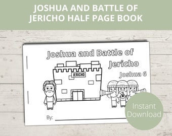 May include: Black and white coloring page featuring Joshua and the Battle of Jericho. The image depicts Joshua standing in front of the city walls of Jericho, with three men blowing trumpets. The text "Jericho" is written on the city wall. The text "Joshua 6" is written below the image. The text "Instant Download" is written in a green box in the bottom right corner of the page.