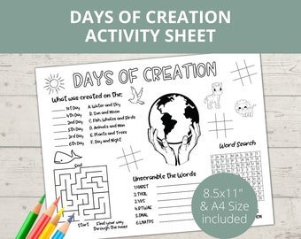 May include: Black and white printable activity sheet for kids featuring a maze, word search, and unscramble the words puzzles. The sheet is themed around the Days of Creation and includes illustrations of a whale, a bird, a zebra, a lion, and the Earth.
