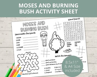 May include: A black and white printable activity sheet for kids featuring Moses and the burning bush. The sheet includes a word search, a maze, and a matching activity. The sheet is 8.5 inches by 11 inches and also available in A4 size.
