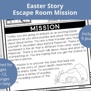 May include: Black and white printable escape room game for kids. The game is themed around the Easter story and includes 9 puzzles. The text reads "Easter Story Escape Room Mission" and "Includes 9 puzzles".
