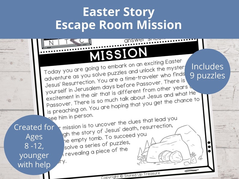 May include: Black and white printable escape room game for kids. The game is themed around the Easter story and includes 9 puzzles. The text reads "Easter Story Escape Room Mission" and "Includes 9 puzzles".