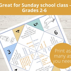 Puede incluir: Un juego imprimible para la clase de la escuela dominical, para los grados 2-6. El juego es un cubo plegable con preguntas sobre el arca de No&eacute; y el diluvio. El cubo est&aacute; decorado con im&aacute;genes del arca de No&eacute;, una paloma y lluvia.