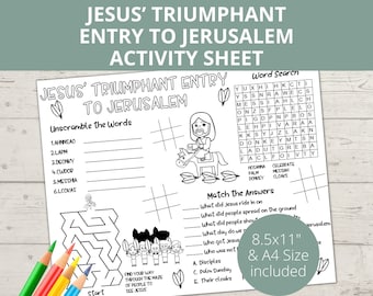 Puede incluir: Hoja de actividades imprimible en blanco y negro para niños con una búsqueda de palabras, un laberinto y un juego de emparejamiento. La hoja está ambientada en la historia de la entrada triunfal de Jesús en Jerusalén. El texto de la hoja incluye "La entrada triunfal de Jesús en Jerusalén" y "Descifrar las palabras".