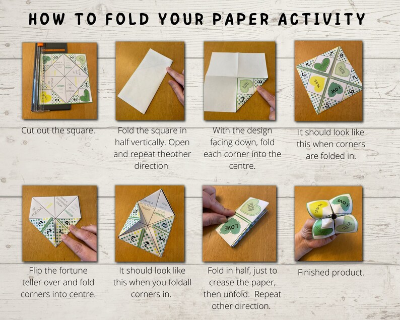 May include: A step-by-step guide on how to fold a paper fortune teller. The instructions are written in black text on a white background. The images show the different steps of folding the paper, starting with a square piece of paper and ending with a finished fortune teller.