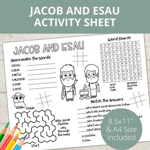 Jacob and Esau Craft, Bible activity, Church Kids Activity, Sunday School Activities, Bible Placemat, Word Search, Activity Pages