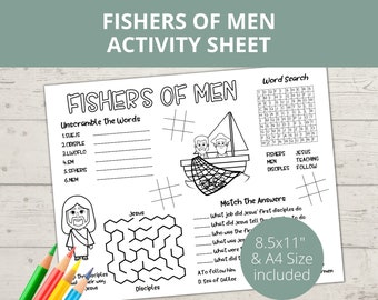Fishers of Men Craft, Bible activity, I will Make you Fishers of Men, Church Kids Activity, Sunday School Activities, Bible Placemat, Jesus