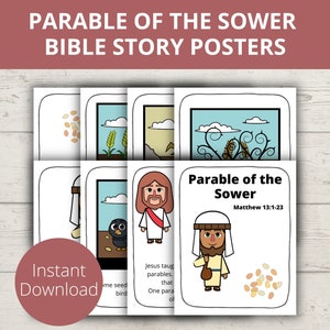 Parabola del seminatore stampabile, Matteo 13, Poster di storie bibliche, Pagine da colorare della Bibbia per bambini, Storie bibliche stampabili, Bacheca della chiesa