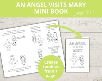 May include: A mini book titled "An Angel Visits Mary" with illustrations of an angel and Mary. The book is letter size and includes text from Luke 1:26-38. The image also shows a page with illustrations and text, and a green circle with the text "Create booklet from 1 page".
