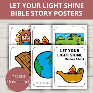 Puede incluir: Un conjunto de cinco carteles imprimibles de historias bíblicas con ilustraciones de Jesús, una lámpara, una ciudad en una colina, un globo terráqueo y una cesta de pan. Los carteles son en blanco y negro e incluyen el texto "Que tu luz brille" y "Mateo 5:14-16".