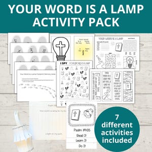May include: A black and white printable activity pack for kids with the title "Your Word is a Lamp" and seven different activities included. The activities include a word search, a maze, a memory game, an I Spy game, a bookmark, a coloring page, and a "Read It, Learn It, Do It" page.