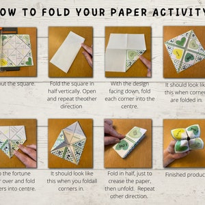 Puede incluir: Una gu&iacute;a paso a paso sobre c&oacute;mo doblar un juego de adivinanzas de papel. Las instrucciones est&aacute;n escritas en texto negro sobre un fondo blanco. Las im&aacute;genes muestran los diferentes pasos para doblar el papel, comenzando con un cuadrado de papel y terminando con un juego de adivinanzas terminado.