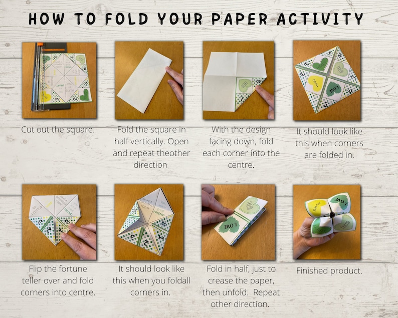 Puede incluir: Una gu&iacute;a paso a paso sobre c&oacute;mo doblar un juego de adivinanzas de papel. Las instrucciones est&aacute;n escritas en texto negro sobre un fondo blanco. Las im&aacute;genes muestran los diferentes pasos para doblar el papel, comenzando con un cuadrado de papel y terminando con un juego de adivinanzas terminado.