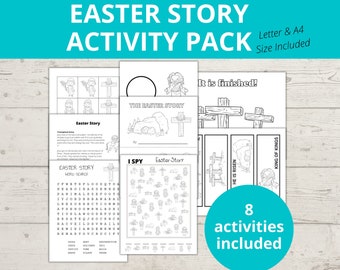 Puede incluir: Paquete de actividades de la historia de Pascua imprimible en blanco y negro con 8 actividades que incluyen una búsqueda de palabras, un juego de I Spy y páginas para colorear. El paquete incluye el texto "Easter Story" y "It is finished!"