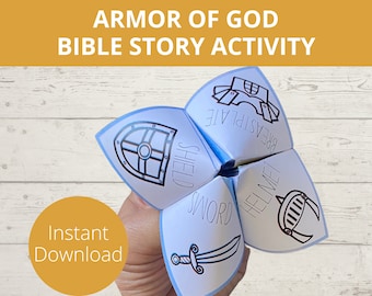 May include: A blue and white paper fortune teller with images of the armor of God. The words "Helmet", "Sword", "Shield", and "Breastplate" are written on the paper.