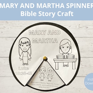 Peut inclure: Un bricolage imprimable en noir et blanc pour les enfants mettant en scène Marie et Marthe de l'histoire biblique de Luc 10 :38-42. Le bricolage comprend une toupie avec des illustrations de Marie, Marthe et Jésus. Le texte "Marie et Marthe" et "Luc 10 :38-42" est inclus sur le bricolage.