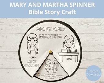 Könnte beinhalten: Ein schwarz-weißes druckbares Bastelset für Kinder mit Maria und Martha aus der biblischen Geschichte in Lukas 10,38-42. Das Bastelset enthält eine Drehscheibe mit Illustrationen von Maria, Martha und Jesus. Der Text "Maria und Martha" und "Lukas 10,38-42" ist auf dem Bastelset enthalten.