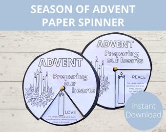 Op de afbeelding: Twee witte papieren spinners met zwarte contouren, met de tekst "ADVENT" en "Onze harten voorbereiden". Eén spinner toont een kaars met het label "LIEFDE", de andere "VREDE". De afbeelding bevat de tekst "SEIZOEN VAN ADVENT PAPIER SPINNER" en "Direct downloaden."