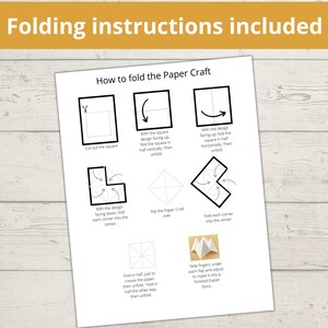 Puede incluir: Instrucciones imprimibles en blanco y negro para doblar una manualidad de papel. Las instrucciones muestran una serie de pasos con ilustraciones de c&oacute;mo doblar un cuadrado de papel en una forma 3D.