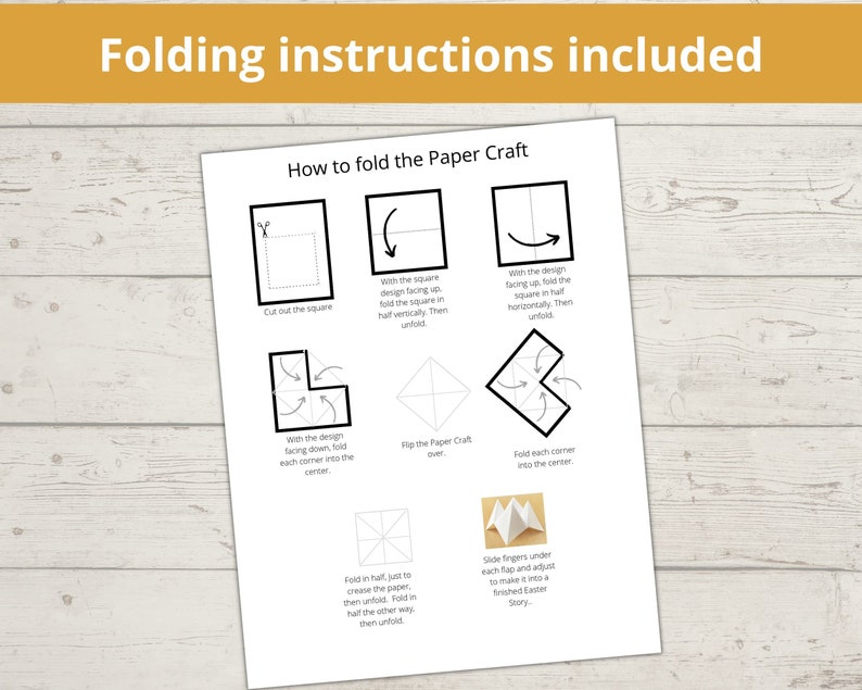 Puede incluir: Instrucciones imprimibles en blanco y negro para doblar una manualidad de papel. Las instrucciones muestran una serie de pasos con ilustraciones de c&oacute;mo doblar un cuadrado de papel en una forma 3D.
